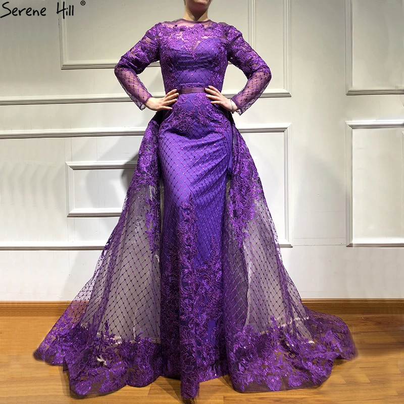 Newest Purple Long Sleeves Fashion Evening Dresses 2021 Appliques ...