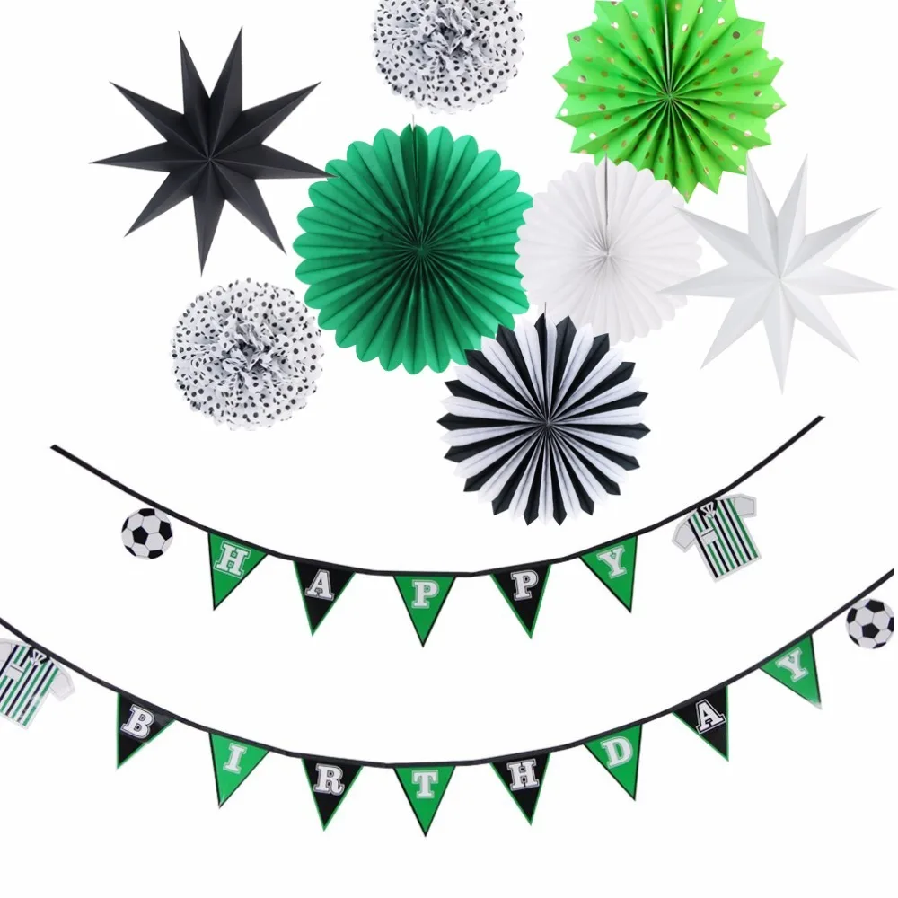 

Footballs Theme Kids Boy Baby Shower Birthday party Decoration Green Happy Birthday Party Supplies Paper Fans Banner 9 Pieces