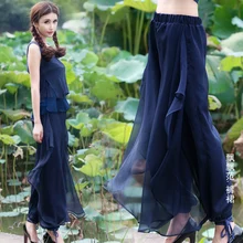 Летние женские широкие брюки, шифоновые Свободные кюлоты с эластичной талией, винтажные широкие леггинсы