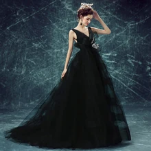 Gothic Black Tulle Evening Dresses 2017 Sexy Backless Spaghetti Strap Big Bow Appliques Lush Evening Gowns Abendkleider