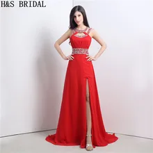 H& S свадебное красное вечернее платье Whit Спагетти ремни шифоновое вечернее платье с бисером с разрезом вечерние платья robe de mariage