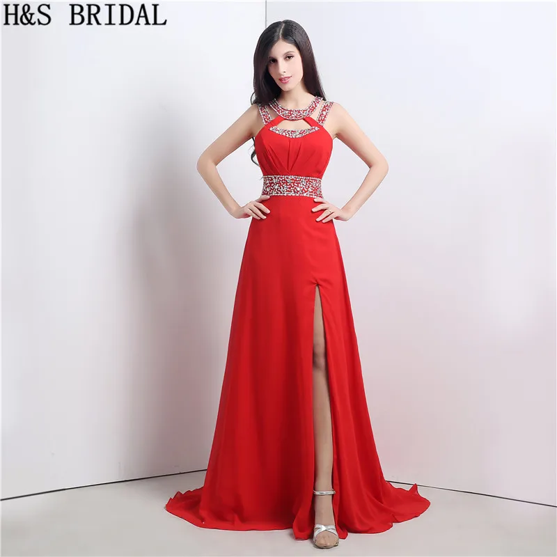 H & S Braut Roten Abendkleid Whit Spaghetti-trägern Chiffon Perlen Abendkleid Mit Schlitz Party Kleid 2019 Robe De Mariage Ausgezeichnet Im Kisseneffekt Weddings & Events