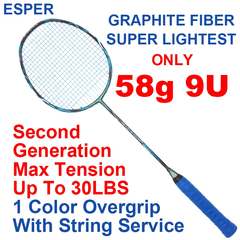 Alta calidad 9U 58 gramos raqueta de Bádminton de segunda generación Super ligero de fibra de carbono raqueta 30LBS para Profesional