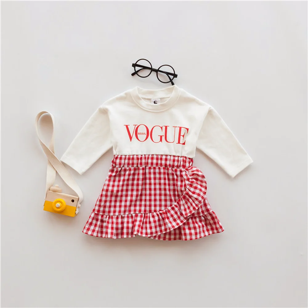 

2019 Autumn New Korean Fashion Letter Printing Lattice Stitching Lace Long Sleeve Round Neck High Waist Comfortable Girl Dress