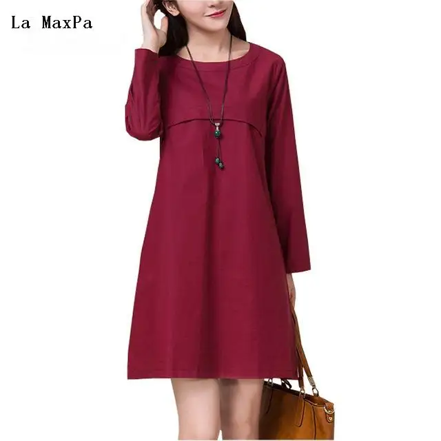

La MaxPa Summer dress long sleeve women dress A-Line o-neck casual loose cotton Linen dress Solid vestidos de festa