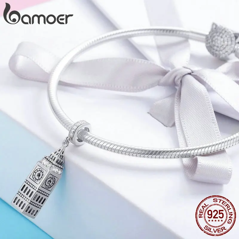 BAMOER New Collection 925 Sterling Silver British Big Ben Building Pendant Charm fit Charm Bracelets Jewelry Making SCC868