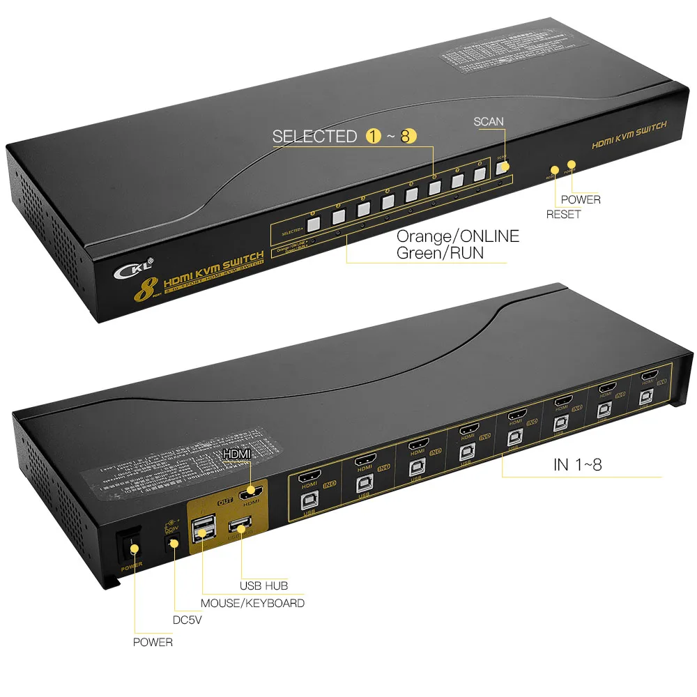 HDMI KVM Switch 8 Port USB 2.0 with Cables PC Monitor Keyboard Mouse Switcher For Computer Laptop Server DVR CKL-9138H