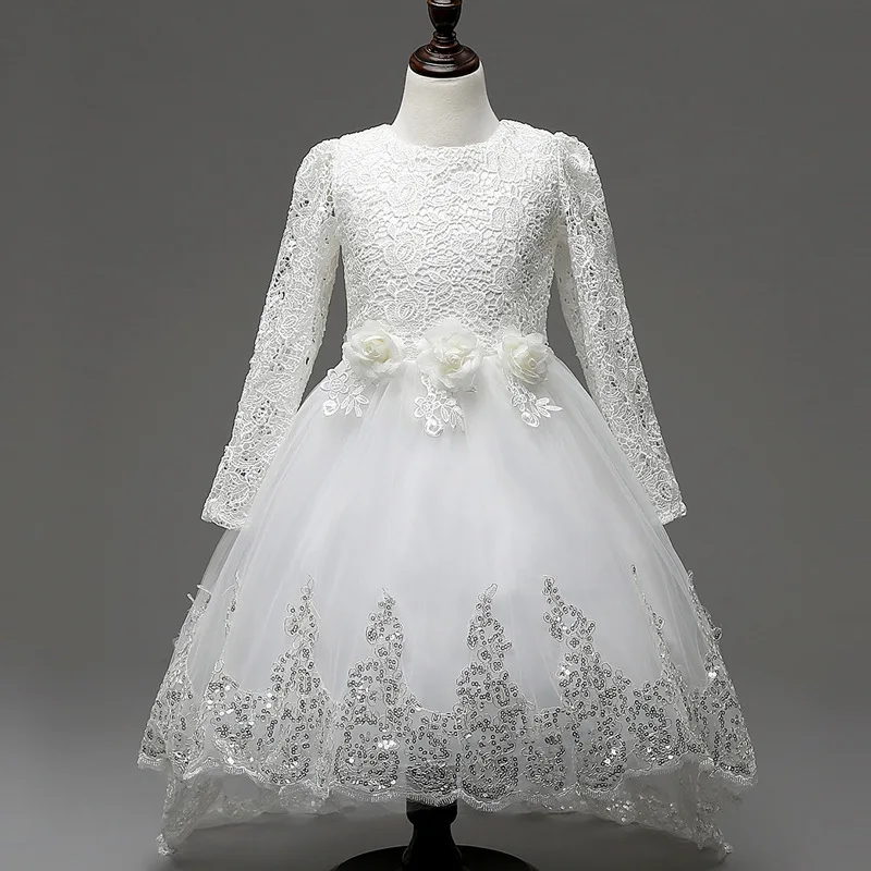 Full Sleeve White Baby Wedding Gowns Children Flower Girl Dresses