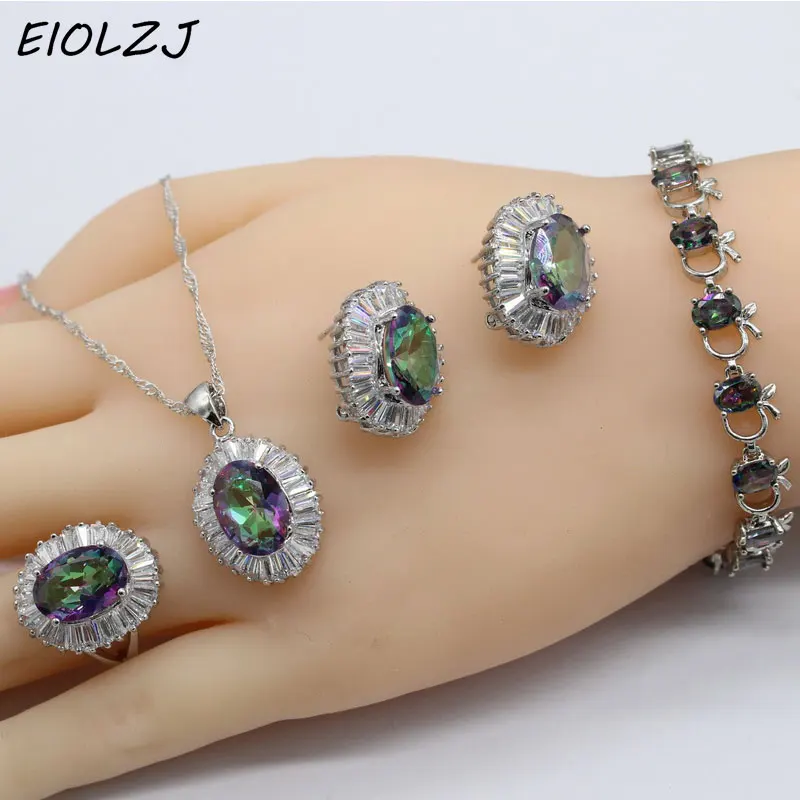 

925 Sterling Silver Necklace Sets For Women Oval Multicolor Bridal Crystal Jewelry Sets Choker Ring Clip Earrings Bracelet