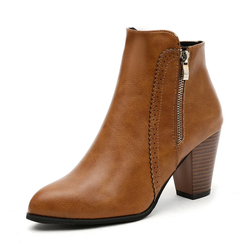 Осень г. Новая женская обувь пикантные ботильоны на шнуровке короткие ботинки Модная европейская обувь на высоком каблуке с острым носком женская обувь, большие размеры 35-43 - Цвет: Коричневый