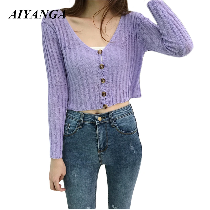 

Women Harajuku Knitted V-neck Shirt Crop Top 2018 Sexy Street Wear Black Purple Femme Long Sleeve Cardigan T Shirt Summer Autumn