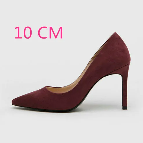 Женские туфли-лодочки из флока на высоком каблуке с острым носком, пикантная женская обувь на тонком каблуке, chaussure femme, осень - Цвет: Wine-10CM Heel