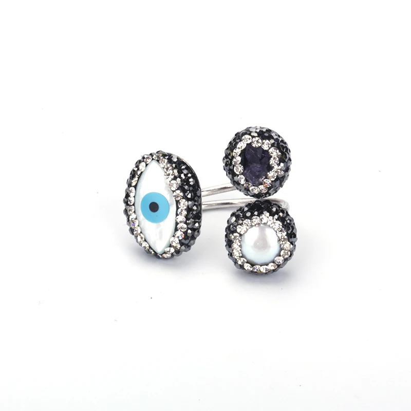Trendy Devil Eye Charm Ring With Pearl&crystal Natural Druzy Gem Stone