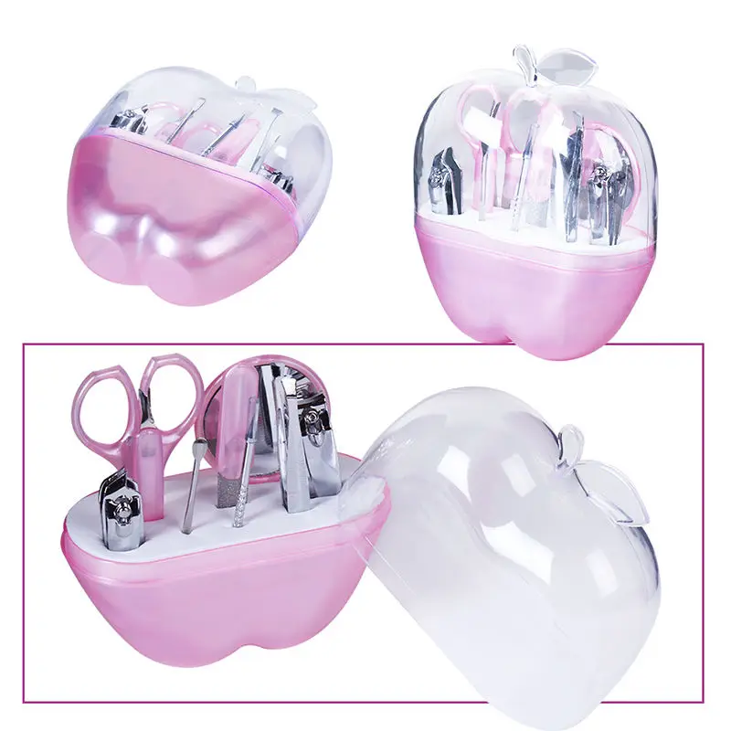 9Pcs Clipper Nail Care Set Case Nail Pedicure Scissor Manicure Accessory Tools Tweezer Knife Ear Apple Shape Case Started Kit - Цвет: Pink