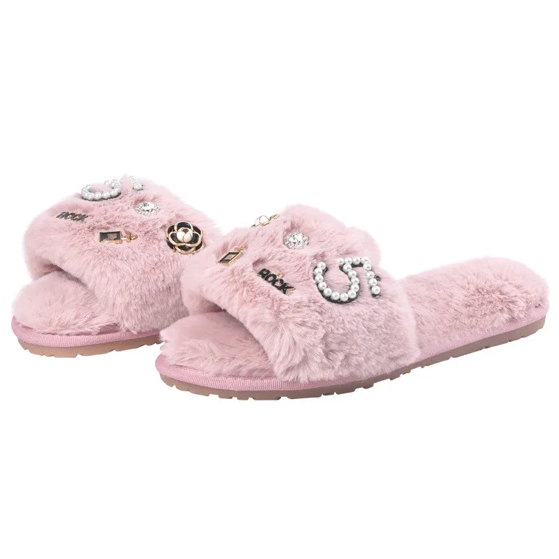 

2019 new fur shoes female Korean version of a word drag home outside wearing non-slip flat plush diamond fashion slippers women