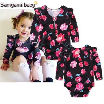 

SAMGAMI BABY Navy Blue Hot Pink Floral Pom Rompers For Baby Girls Shabby Chic Romper Baby Playsuit Floral Romper Summer Style