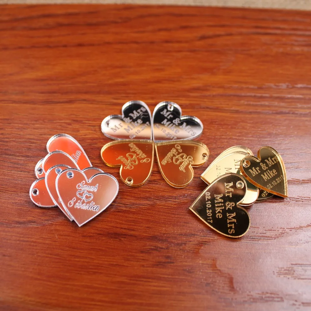 50pcs Personalized Engraved Name Card Mirror MR & MRS Surname Love Heart Wedding Table Decoration Favors Customized Size