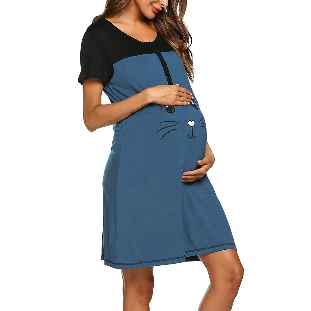 Новинка; женская ночная рубашка для кормящих мам; платье для грудного вскармливания с коротким рукавом и милым принтом для кормящих детей; Пижама для беременных; ночная рубашка