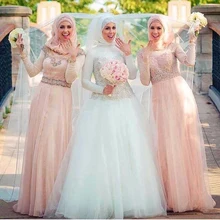 Beautiful Muslim Beading Wedding Dress Long Sleeve With Hijab Wedding Gown A Line Bridal Dress High Neck Wedding Brides Dress
