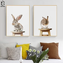 Cute Baby Animal Rabbit Tail Canvas Art Print and Poster, Nursery Woodlands Bunny Canvas Painting Nordic Wall Picture Home Decor cute women s satchel with rabbit print and canvas design