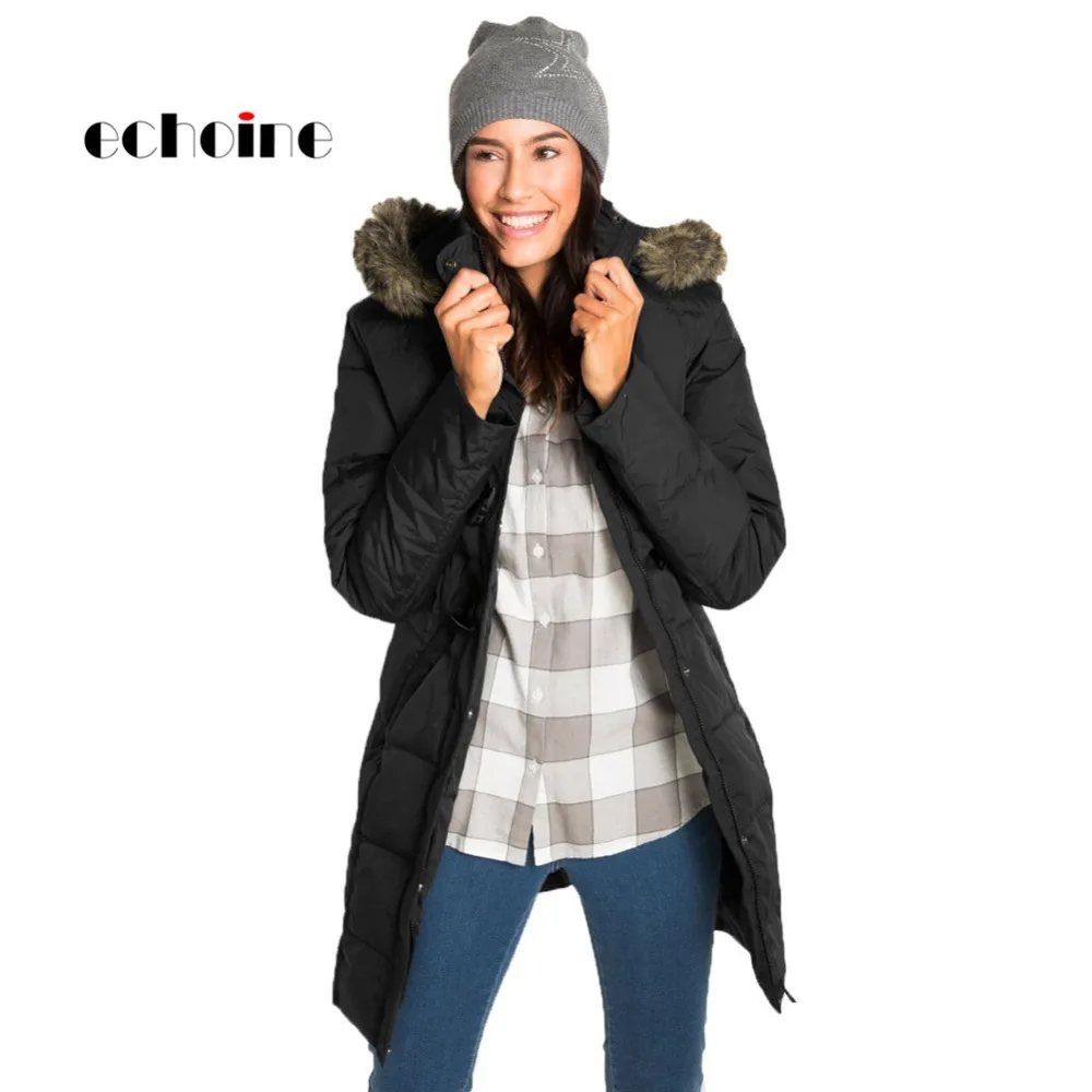 

Echoine Faux Fur Hooded Jackets Women Thick Cotton Padded Coat Plus Size Long Sleeved Zip Toggle Button Closure Warm Down Jacket