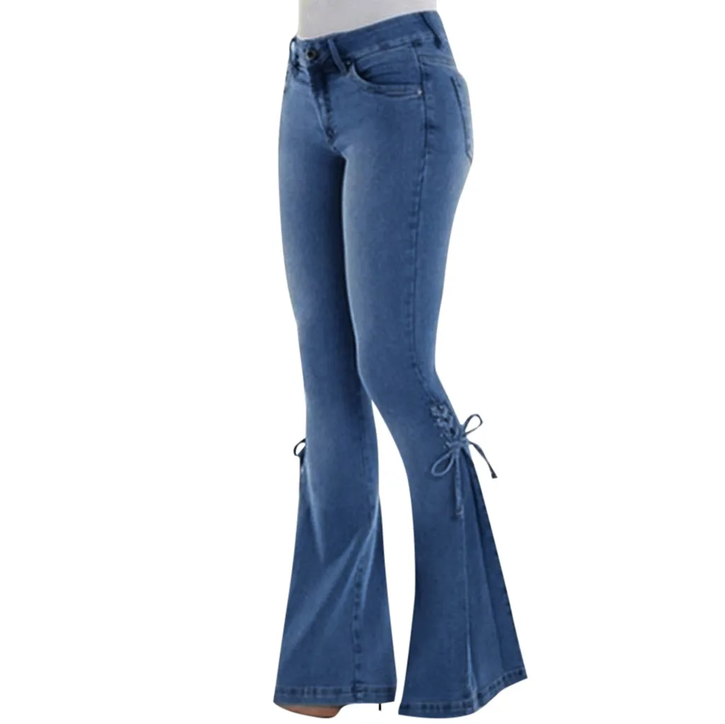 

JAYCOSIN 2019 New Summer Women jeans Fashion Elastic Plus Loose Denim Bow Pockets Casual Boot Cut Pant Softener jean femme 9617