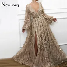 Сексуальные вечерние платья с разрезом по бокам, арабское блестящее платье для выпускного вечера,, Заказные вечерние платья с длинным рукавом и блестками для свадьбы