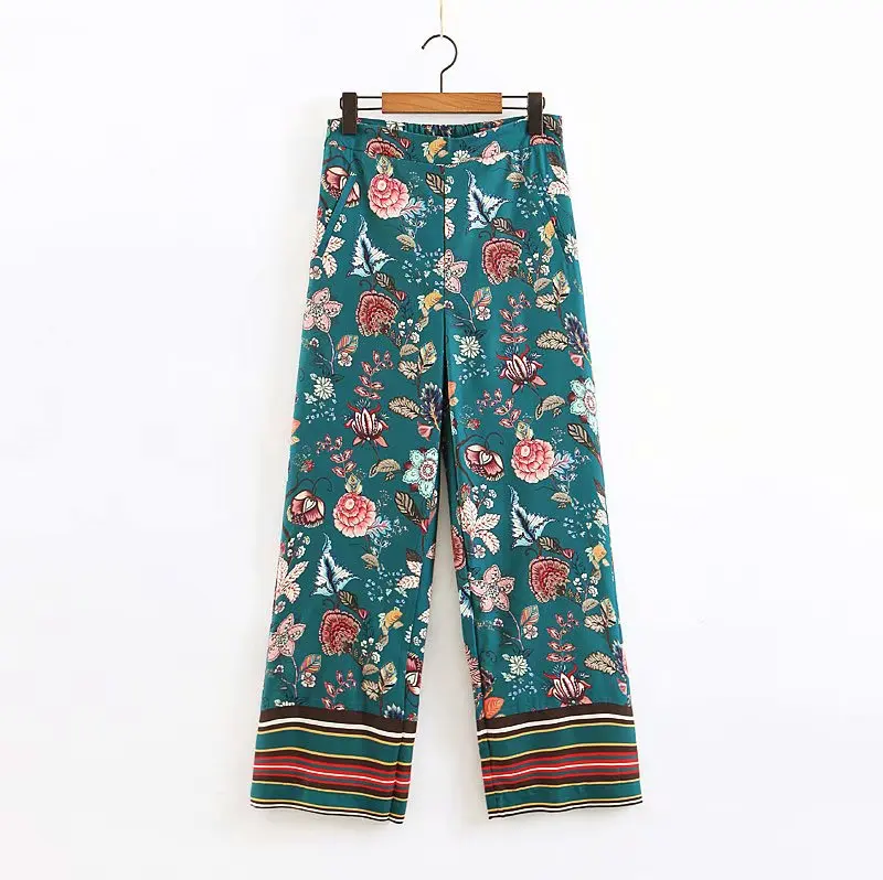 

National style Women chic flower print wide leg pants female zipper long Trousers streetwear pocket pantalones mujer pants P384