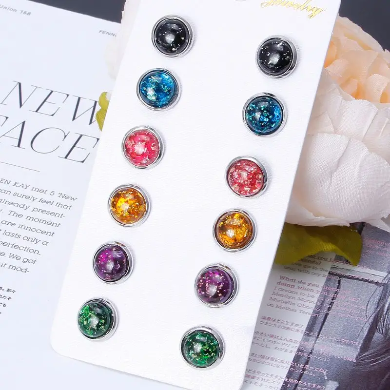 

6 Pairs Mixed Created Opal Rhinestone Stud Earrings Set Women Fashion Jewelry
