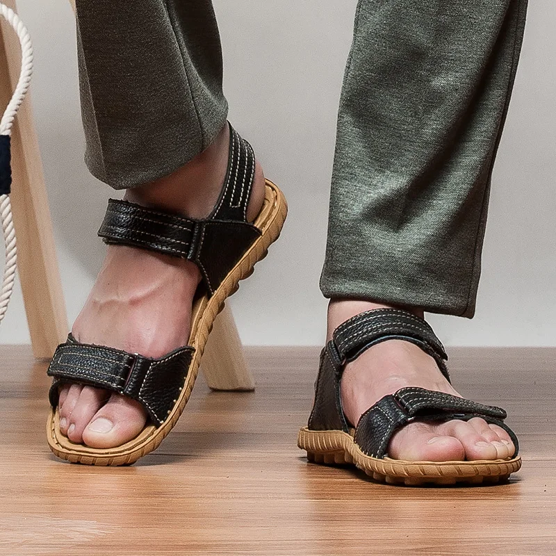 

GOODRSSON Genuine Leather Men Sandals Lightweight Outdoor Beach Male Causal Hook & Loop Sandals Flats Solid Men Casual Sandals