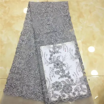 

New Arrival 2019 beads sequins African French Lace Fabric In Nigerian Mesh Lace Tulle Mesh Lace Fabrics For Women Dress In Gray