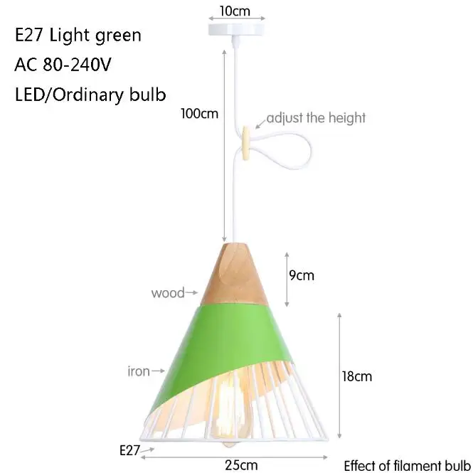 Современная железная деревянная окрашенная железная Минималистичная Подвесная лампа E27 220V светодиодный разноцветный кулон светильник для спальни фойе отельного бара - Цвет корпуса: light green