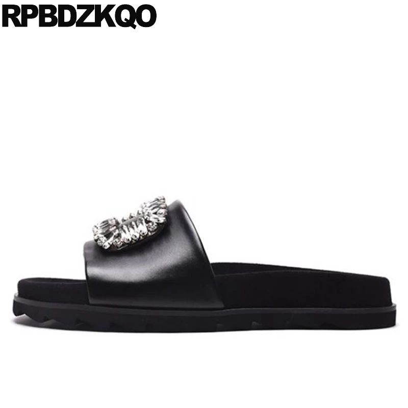 

Black Slip On Jewel White Designer Sandals Women Luxury 2017 Flat Slides Rhinestone Soft Crystal Shoes Wide Fit Diamond Lace