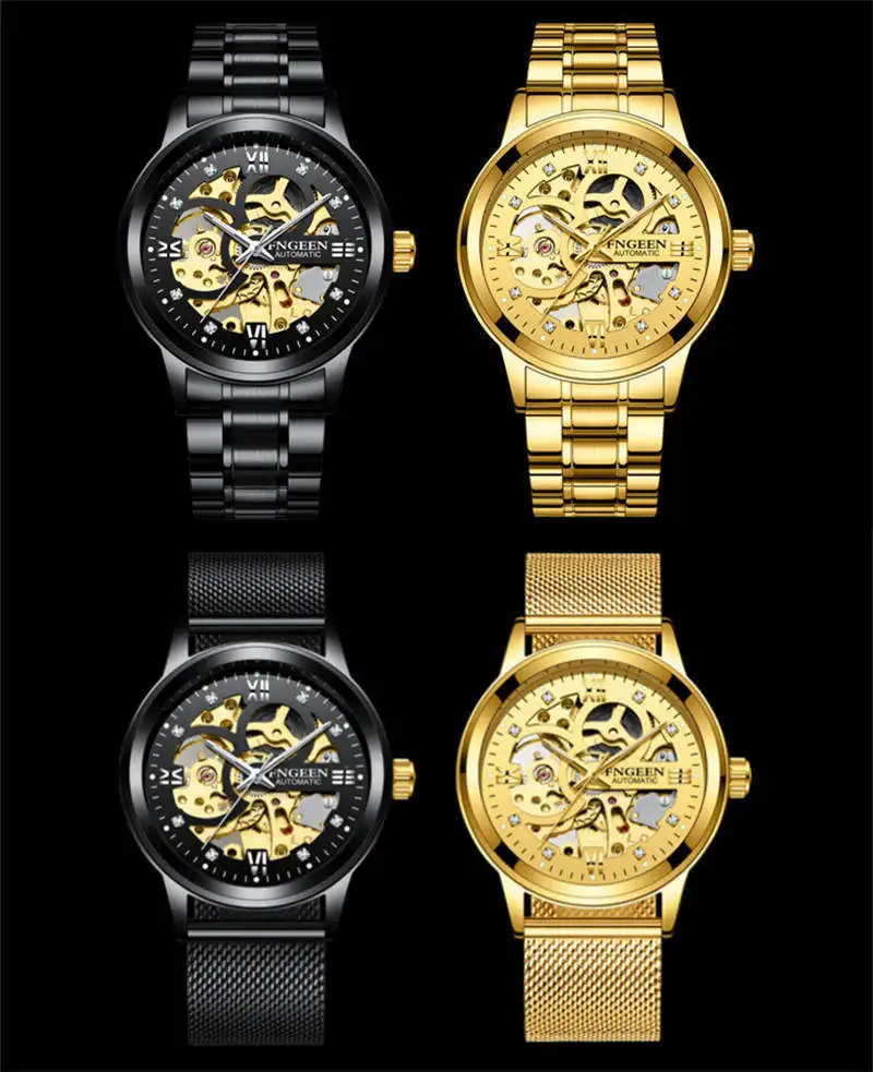 FNGEEN часы для мужчин Скелет автоматические механические золотистые часы-скелетоны винтажные мужские часы лучший бренд класса люкс водонепроницаемые часы