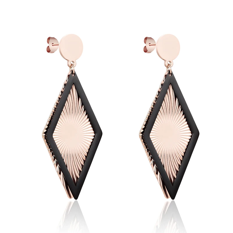 

Unique Design Rose Gold Circle Hanging Rhombus Black Frame Spiral Shape Earrings Titanium Steel Dangle Earrings Engagement Gift