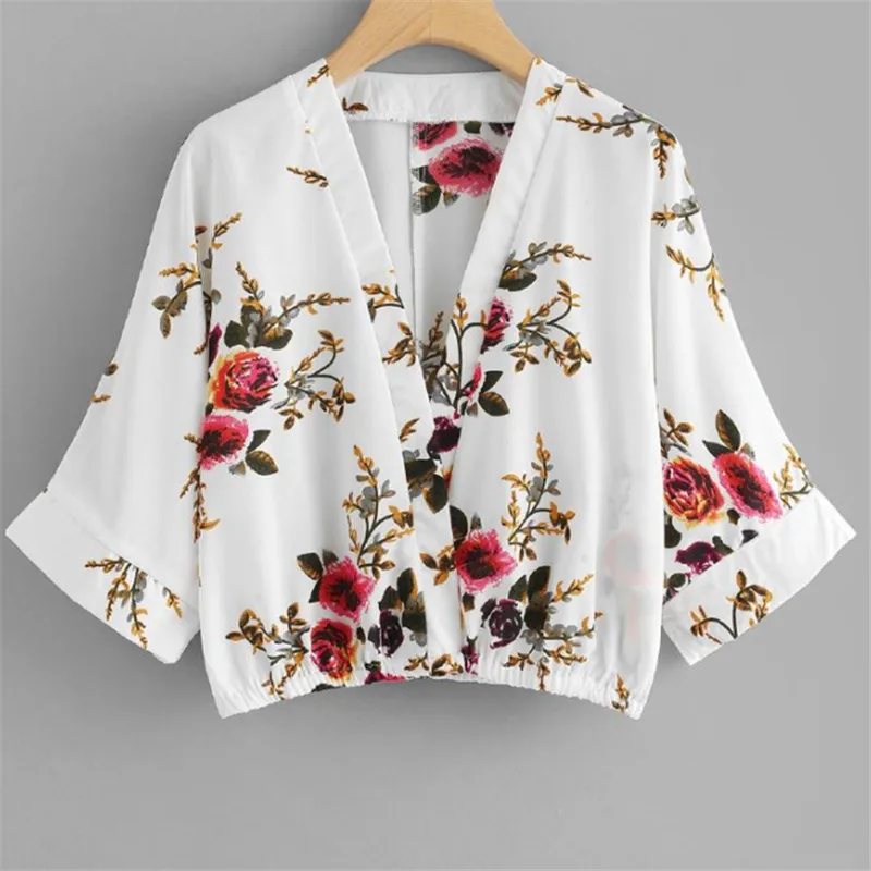 Chiffon Blouse Three-quarter Sleeve Floral Print Blouse Deep V-neck Lady Office Shirt Tunic Casual Loose Tops Blusas C1027