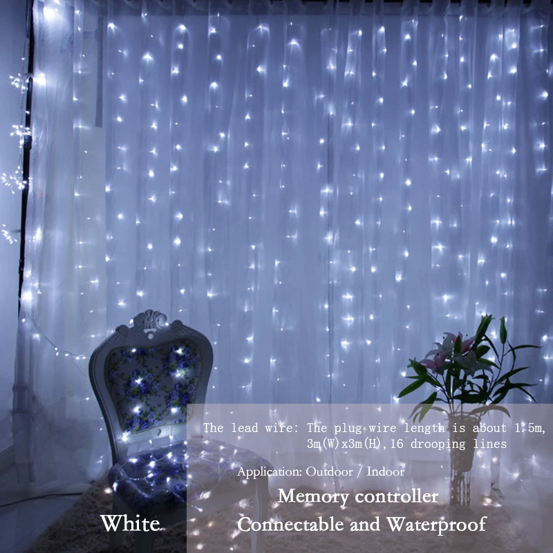 3x3 м 304 светодиодный гирлянда из светодиодной ленты Рождественский пульт дистанционного управления светодиодный Шторы декор для свадьбы/вечерние/Шторы/садовые фонари украшения сада - Испускаемый цвет: White