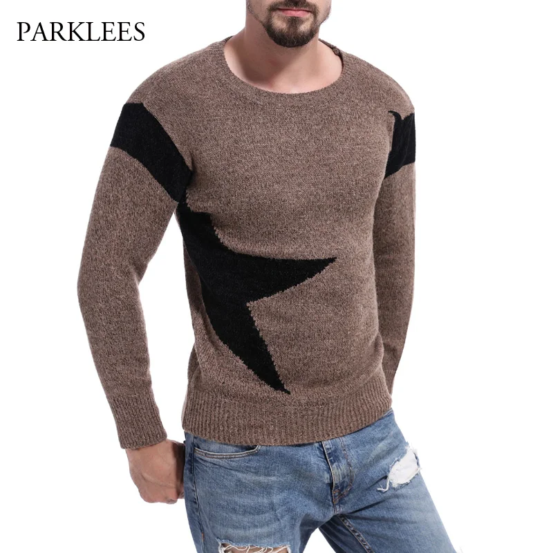 Hit Color Irregular Mens Sweater Pullover Long Sleeve Male Pullovers