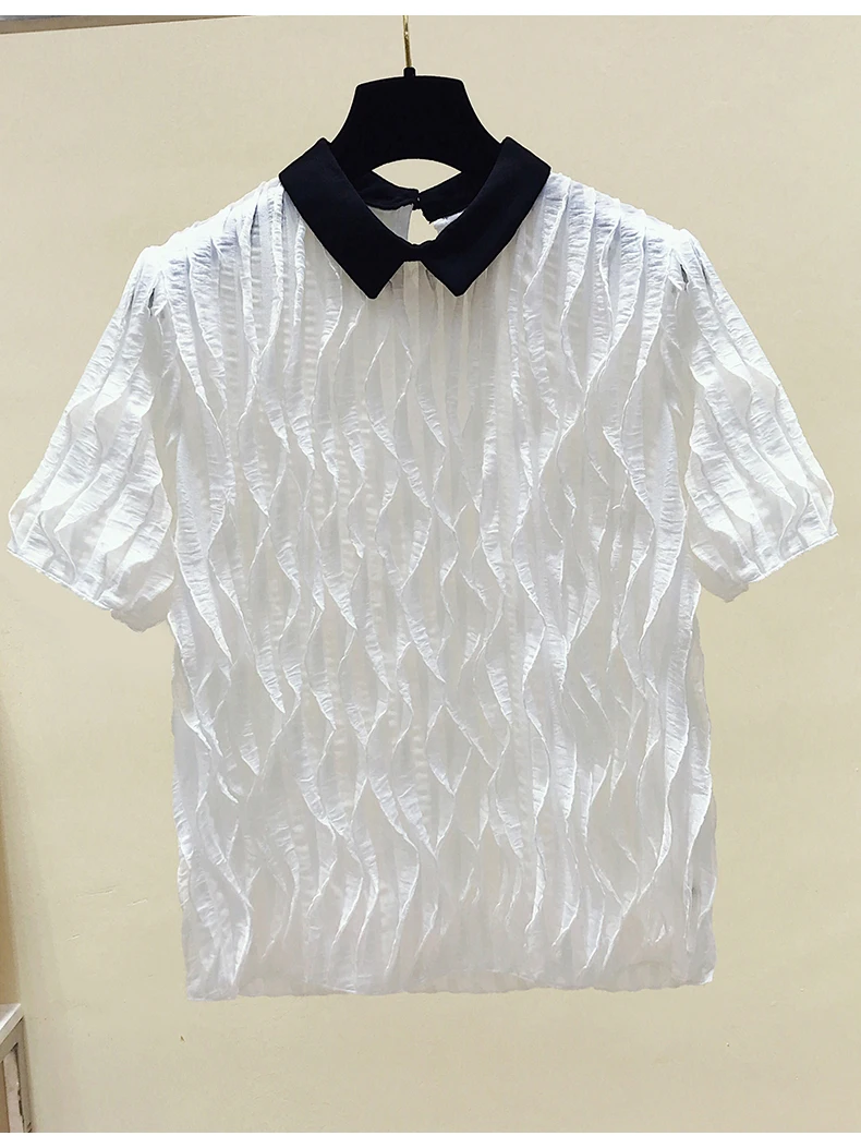 

2019 Fashionable Peter Pan Collar Loose Blouses White Pink Pleated Short Sleeve Chiffon Women Ladies Shirts Tops