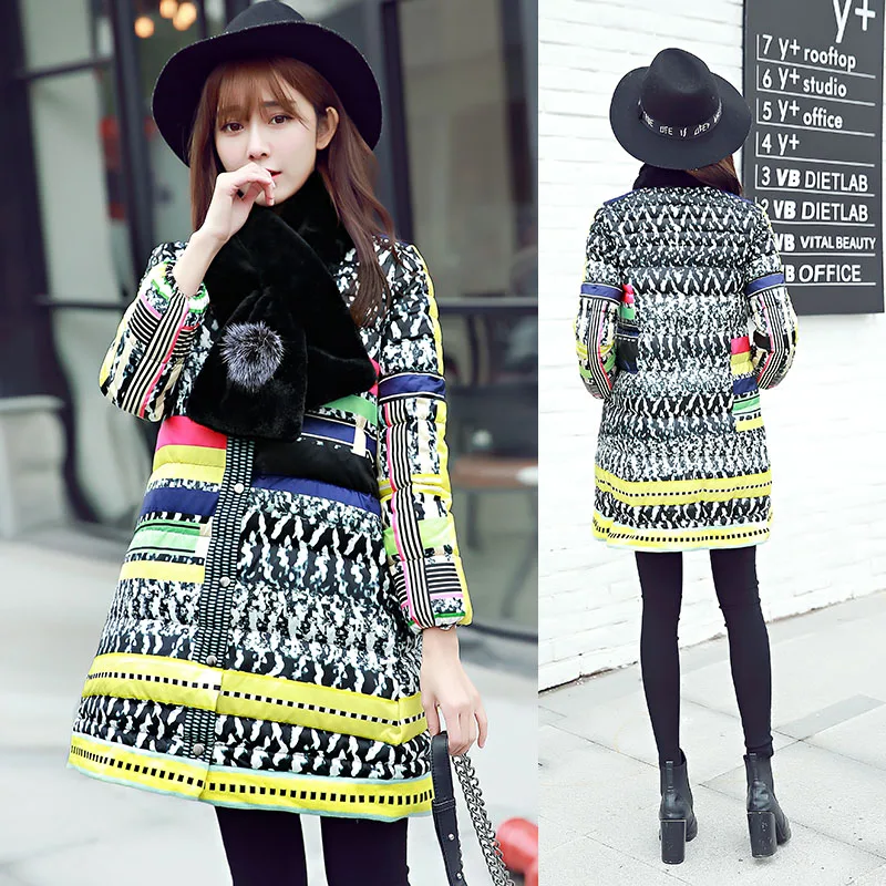 

Korean girls long coat size 2015 winter cloak new cotton padded jacket with scarf thickened printing students tide