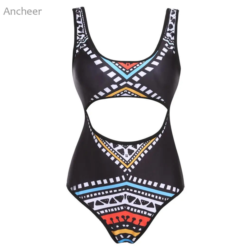 

One Piece Swimsuit Padded Hollow Out Keyhole Print Women Swimwear