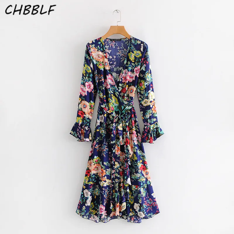 

CHBBLF women chic print dress flare sleeve V collar bow tie sashes female retro pleated dresses vestidos S1906