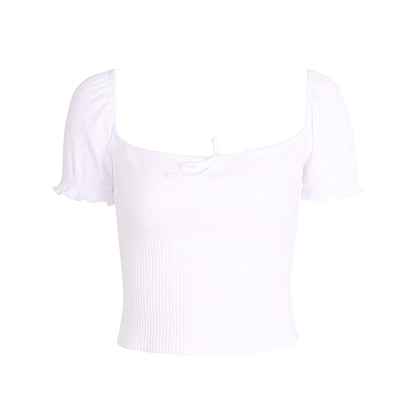 Для женщин Глубокий квадратный воротник футболка с ребрами с пышными рукавами - Цвет: white