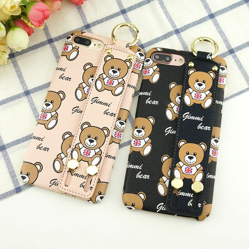 

Luxury Brand 3D Bear Wrist Strap Pu Leather Phone Case For iPhone X New Fashion cartoon back Cover For iphone 6 7 8 plus