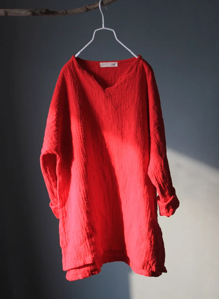 NINI WONDERLAND, женские весенне-осенние однотонные хлопковые льняные рубашки с длинным рукавом, Женская свободная повседневная одежда с v-образным вырезом - Цвет: red