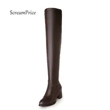 Женские сапоги выше колена на молнии сбоку; модные зимние сапоги на толстом каблуке