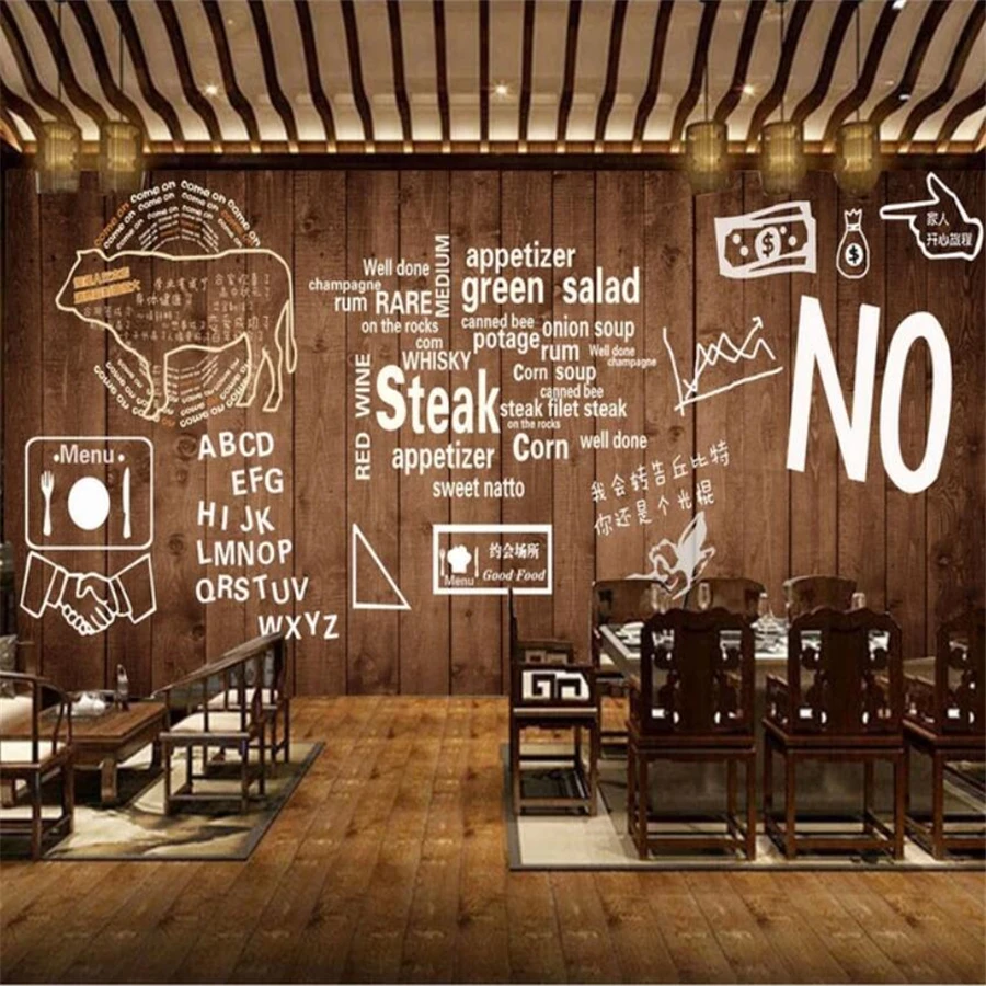 Custom wallpaper 3D Austin Mall mural wood board text pot New product! New type hot barbecue steak