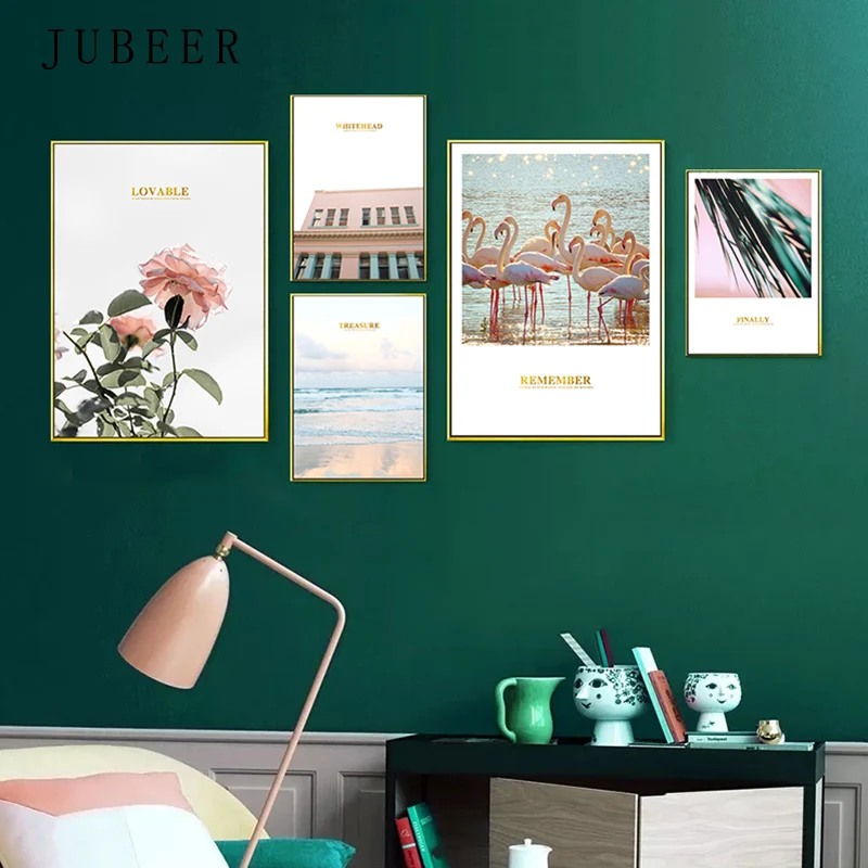

Modern Minimalist Nordic Wall Art Pink Landscape Flamingo Decoration Picture Cuadros Decoracion Salon Scandinavian Style