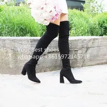 Highstreet Wildleder Over-the-knie Boot 2016 frauen neue in stiefel thight hohe wildleder stiefel schwarz chunky ferse 8 cm und 6 cm knie stiefel