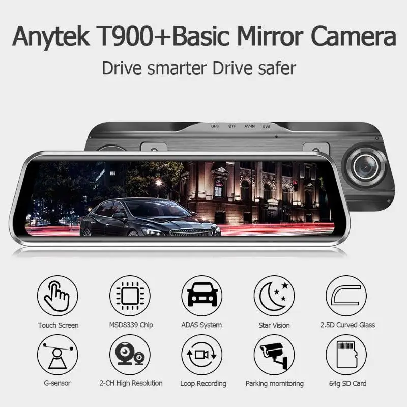 Anytek T900+ 9,66 дюймов Сенсорное Автомобильное зеркало заднего вида DVR камера 1080p+ 1080p ADAS WDR камера для приборной панели вождения рекордер полный экран сенсорный